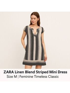 Zara basics Linen blend mini dress vertical stripes white grey black pockets Med